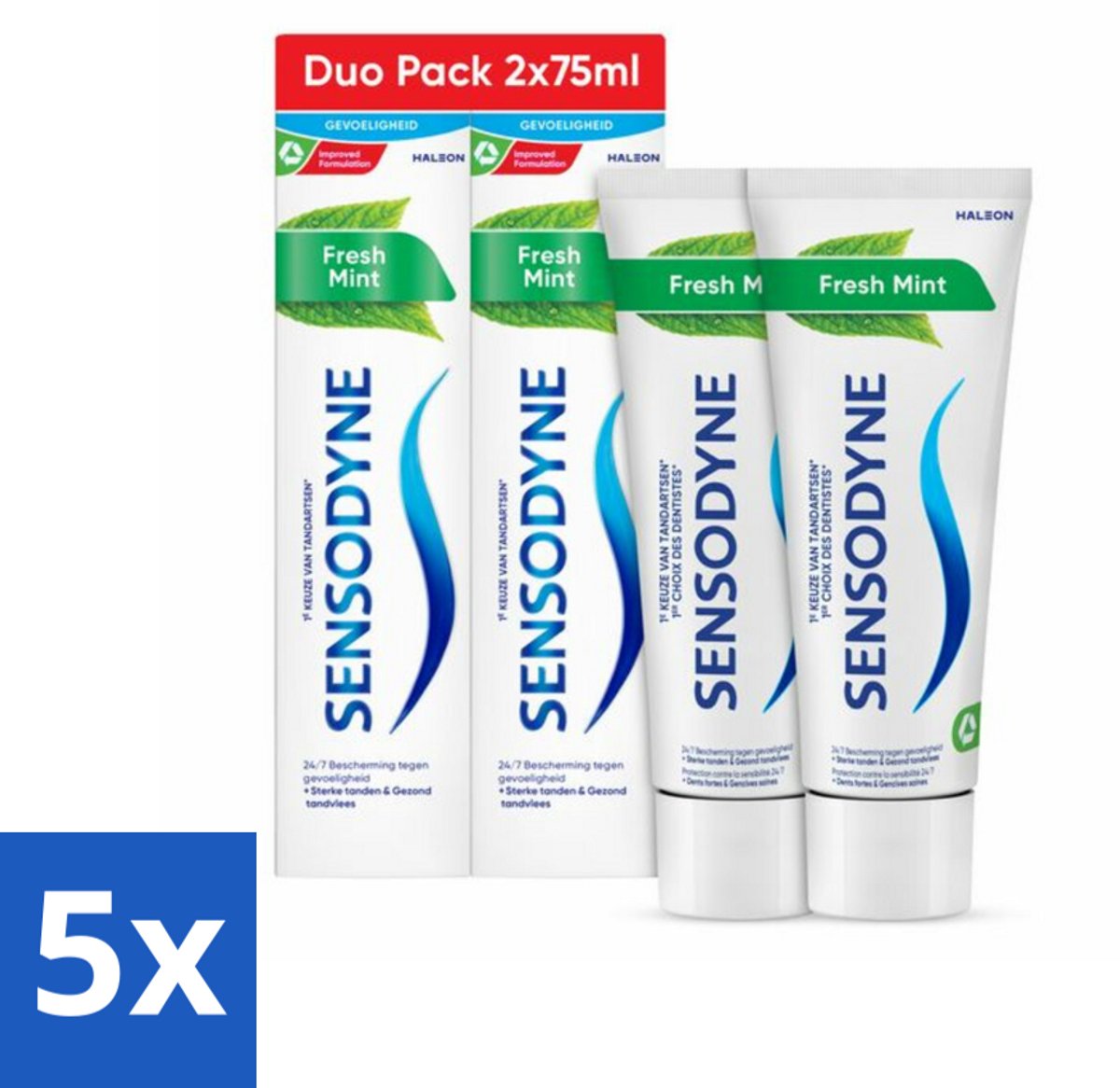 5 x Sensodyne - Tandpasta - Fresh Mint - Frisse Munt - Duopack - 2 x 75 ml - Gevoelige Tanden - Tandpasta - Frisse Munt - Fluoride - Tandplak