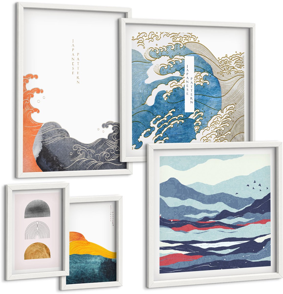 Tulup 4-Delige Schilderij Set - Abstracte decoratieve patronen met golven en bergen in Japanse stijl - 50 x 50 cm, 20 x 30 cm en 40 x 60 cm - Stijlvolle Muurdecoratie - Slaapkamer