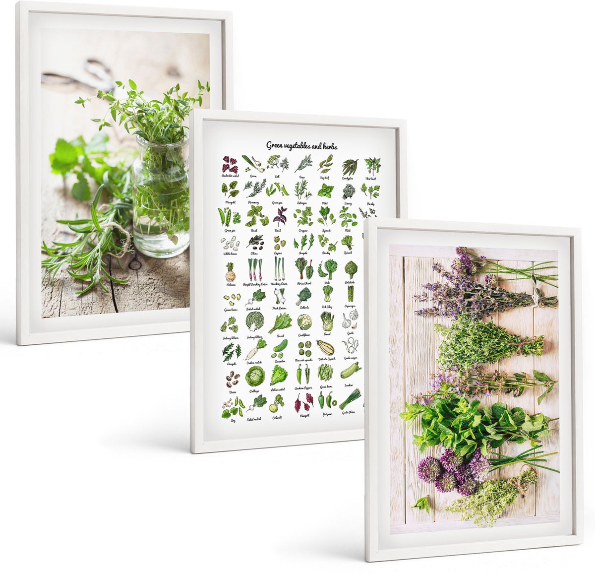 Tulup 3-Delige Schilderij Set - Lijst met gedroogde keukenkruiden - 40x60 - Schilderijen Set - Wanddecoratie - Woonkamer - Stijlvolle Muurdecoratie