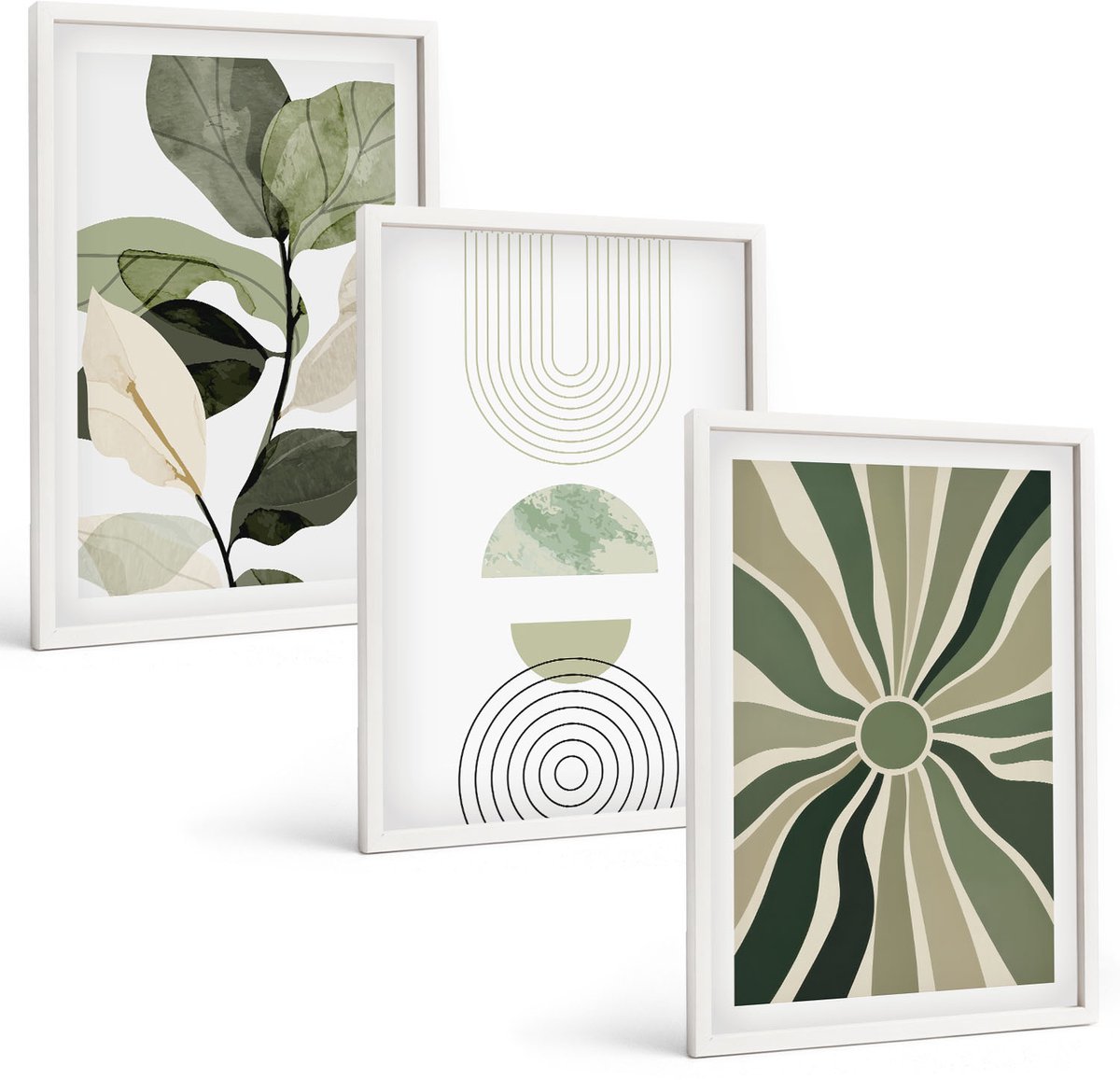 Tulup 3-Delige Schilderij Set - Plantmotieven met geometrische vormen in groen - 40x60 - Decoratieve Schilderijen - Wanddecoratie - Hal - Moderne Wanddecoratie