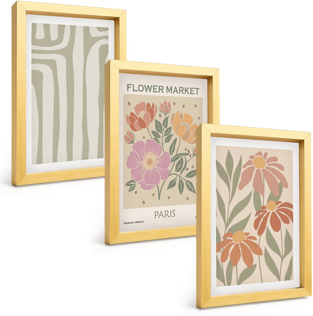 TULUP 4-Delige Schilderij Set - Poster met botanische motieven, Parijse minimalistische stijl - 20 x 30 cm - Muurdecoratie - Wanddecoratie - Slaapkamer - Interieur Decoratie Gouden lijst