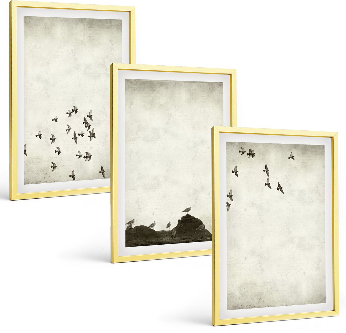 TULUP 4-Delige Schilderij Set - Vogels in vlucht, geschilderd in minimalistische stijl. - 40 x 60 cm - Wanddecoratie - Schilderijen Set - Interieur - Interieur Decoratie Gouden lijst