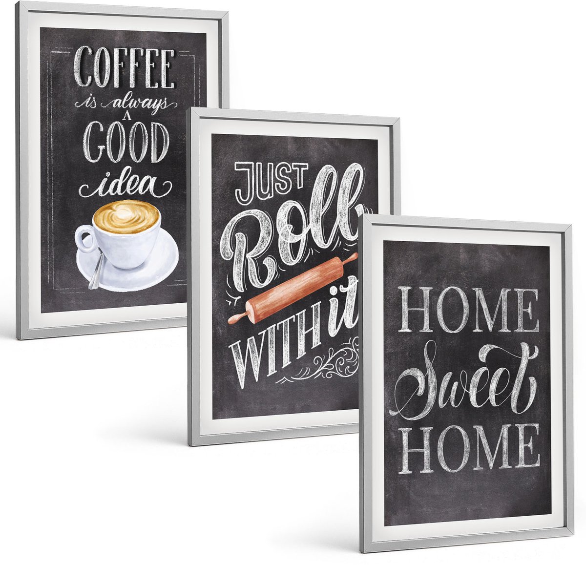 TULUP 4-Delige Schilderij Set - Koffieroller voor thuis: warmte en gezelligheid - 40 x 60 cm - Wanddecoratie - Muurdecoratie - Woonkamer - Interieur Decoratie Zilveren lijst