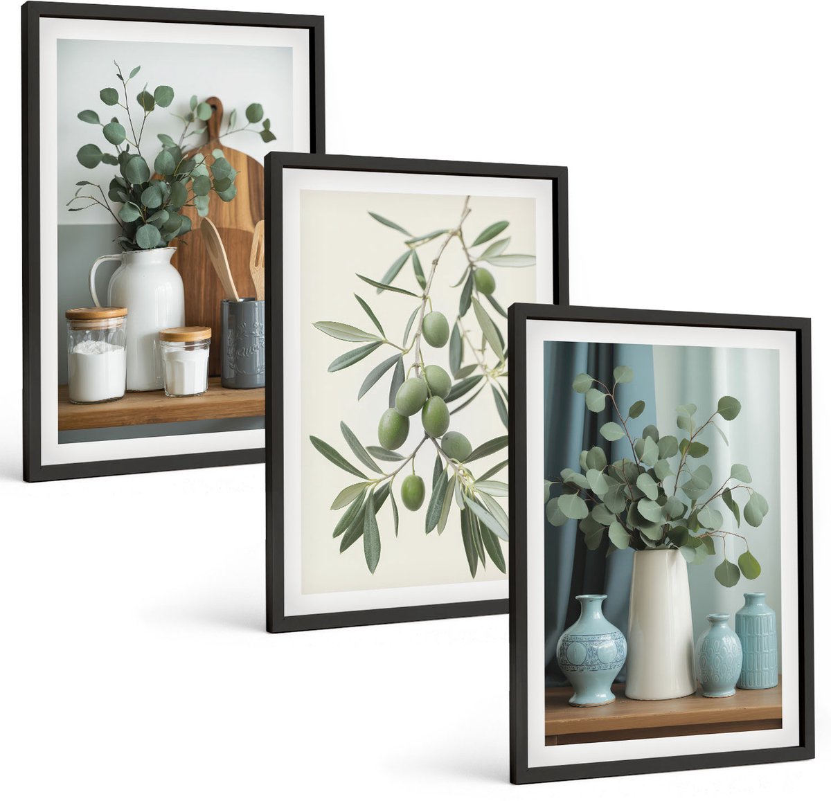 Tulup 4-Delige Schilderij Set - Esthetisch aantrekkelijke combinatie van groene olijven en eucalyptustakken - 40 x 60 cm - Decoratieve Muurdecoratie - Slaapkamer - Woonkamer Decoratie