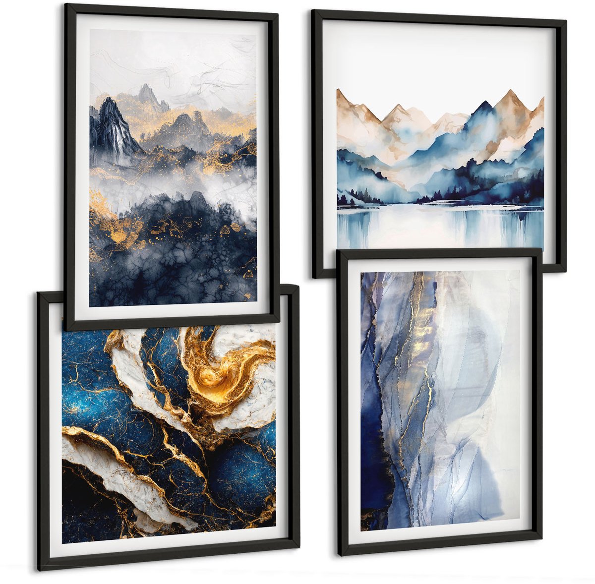 Tulup 4-Delige Schilderij Set - Berglandschappen met blauwe en grijze tinten - 40 x 40 cm en 40 x 60 cm - Wanddecoratie - Muurdecoratie - Moderne Interieurdecoratie - Decoratieve Schilderijen