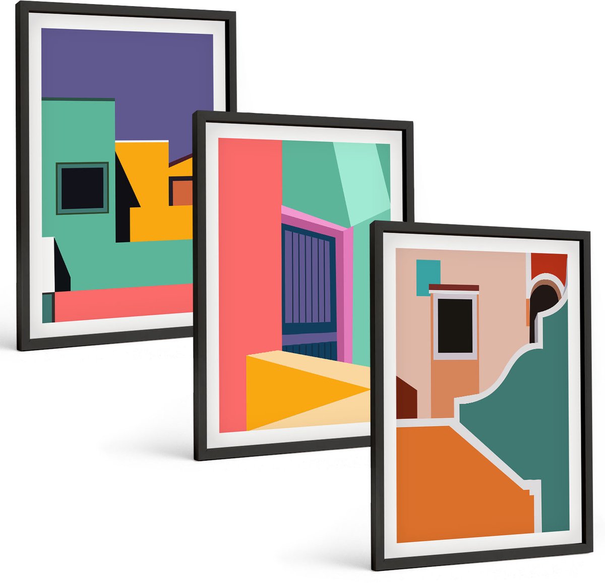 Tulup 4-Delige Schilderij Set - Kleurrijke stadsgezichten in een moderne stijl. - 40 x 60 cm - Decoratieve Schilderijen - Wanddecoratie - Hal