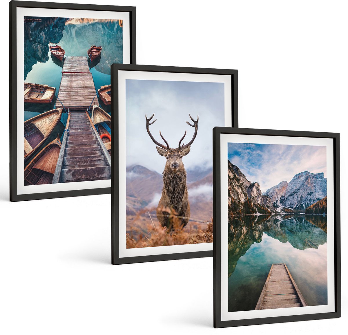 Tulup 4-Delige Schilderij Set - Meer met boten, herten en berglandschap - 40 x 60 cm - Schilderijen Set - Wanddecoratie - Woonkamer - Stijlvolle Muurdecoratie
