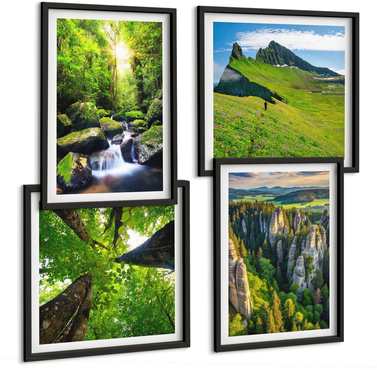 Tulup 4-Delige Schilderij Set - Groene berglandschappen met waterval en bos - 40 x 40 cm en 40 x 60 cm - Muurdecoratie - Interieur Decoratie - Woonkamer Decoratie