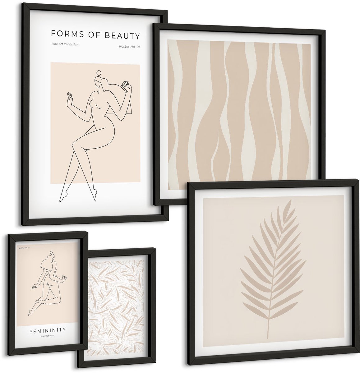 Tulup 4-Delige Schilderij Set - Stijlvolle graphics met vrouwelijke silhouetten en plantmotieven. - 50 x 50 cm, 20 x 30 cm en 40 x 60 cm - Schilderijen Set - Wanddecoratie - Woonkamer - Moderne Wanddecoratie