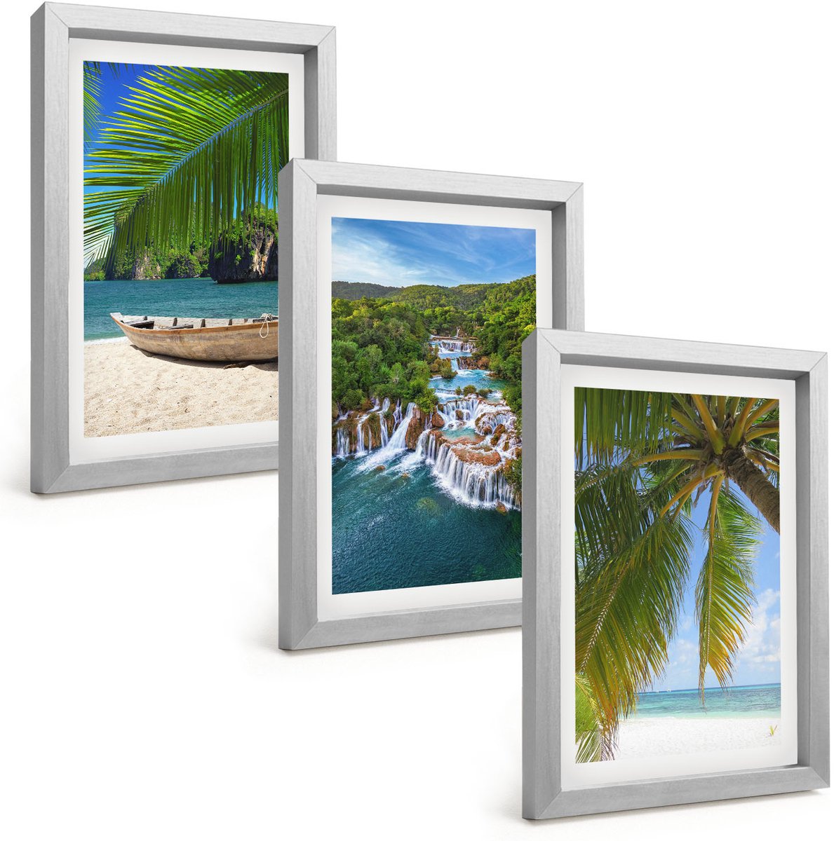 Tulup 4-Delige Schilderij Set - Strand met boten, watervallen en palmbomen in de tropen - 20 x 30 cm - Stijlvolle Wanddecoratie - Interieur - Moderne Wanddecoratie