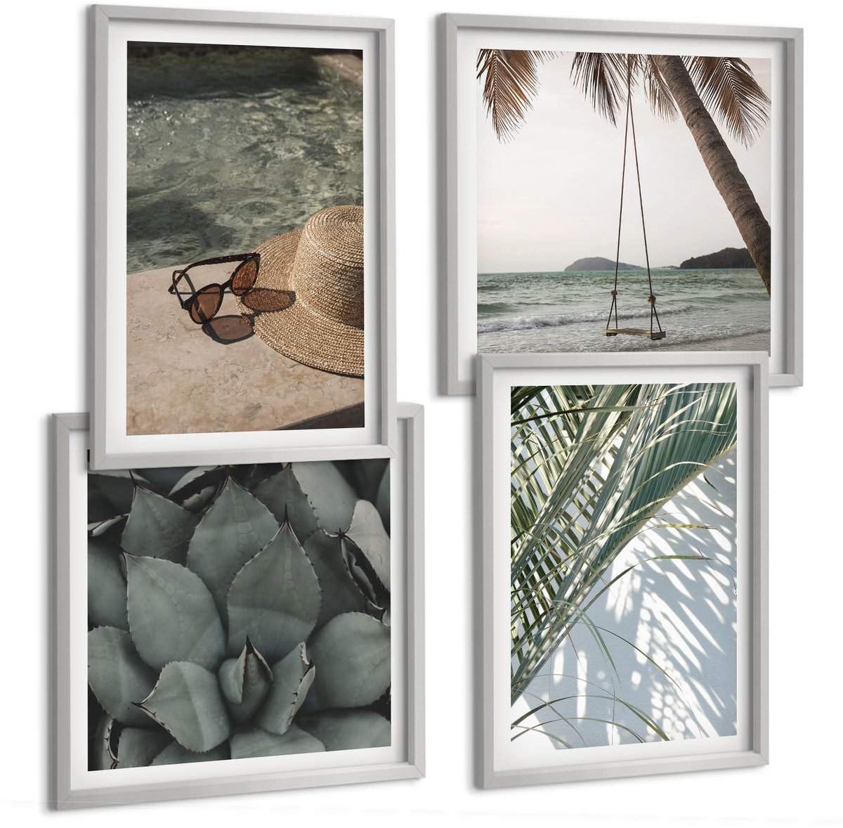 TULUP 4-Delige Schilderij Set - Tropische planten en zomerse decoraties - 40 x 40 cm en 40 x 60 cm - Decoratieve Schilderijen - Wanddecoratie - Hal - Woonkamer Decoratie Zilveren lijst