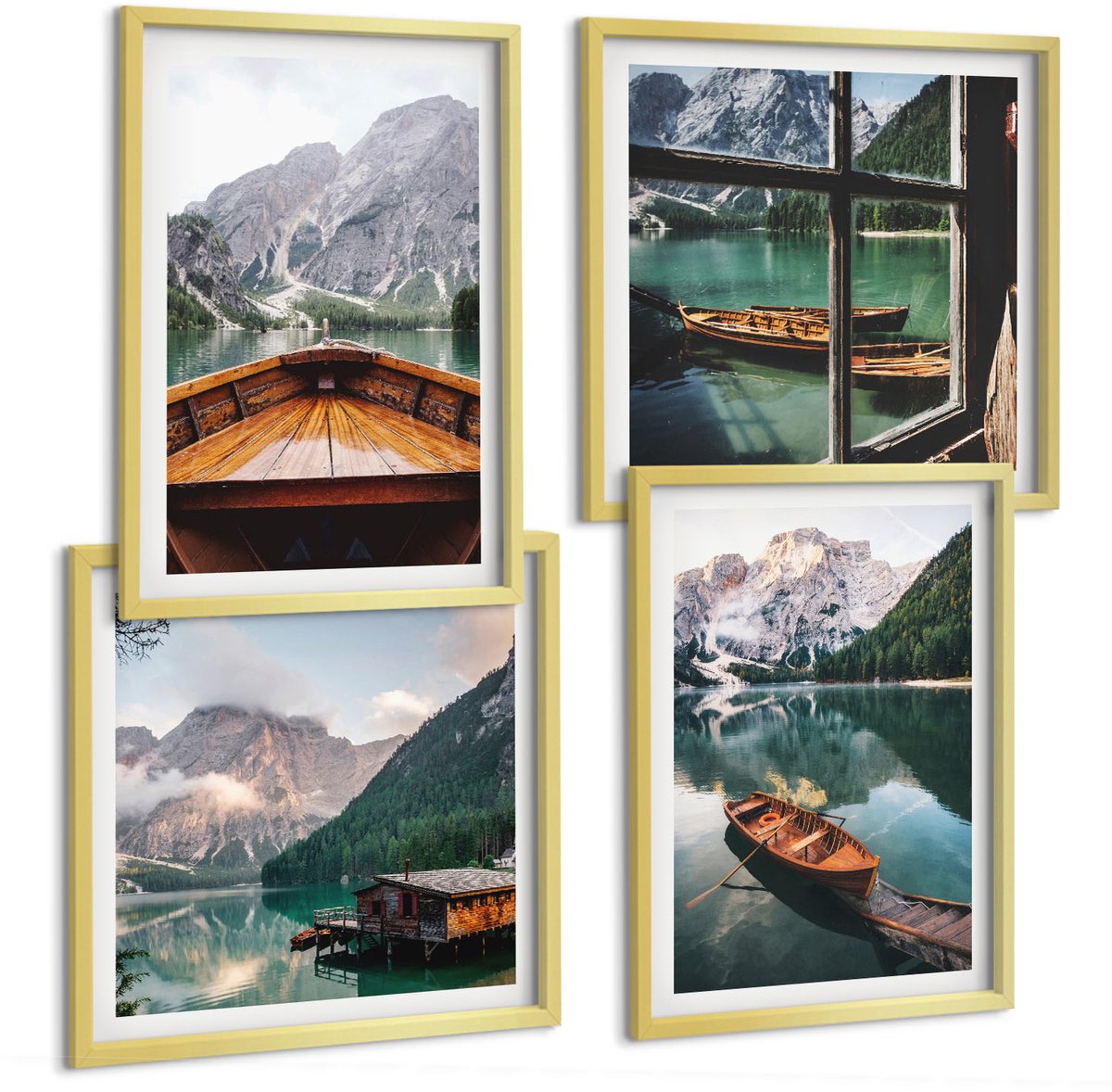 TULUP 4-Delige Schilderij Set - Uitzicht op een bergmeer met boten, een huisje en een raam. - 40 x 40 cm en 40 x 60 cm - Muurdecoratie - Interieur Decoratie Gouden lijst
