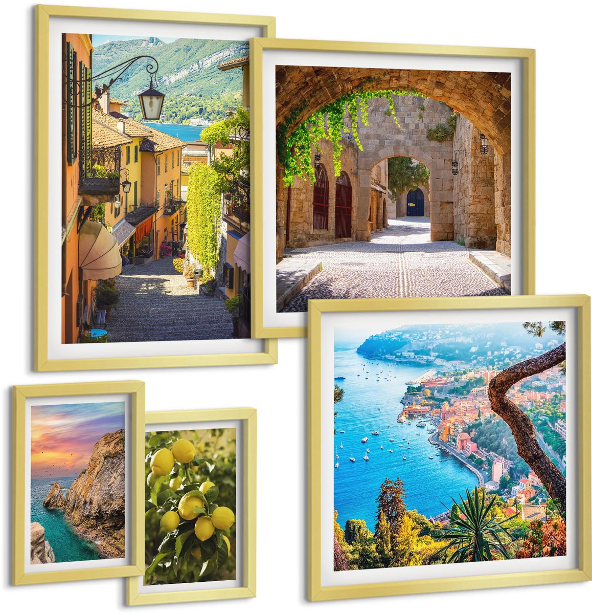 TULUP 5-Delige Schilderij Set - Charmante uitzichten op kustplaatsen en landschappen - 50 x 50 cm, 20 x 30 cm en 40 x 60 cm - Wanddecoratie - Muurdecoratie - Woonkamer - Decoratieve Schilderijen Gouden lijst
