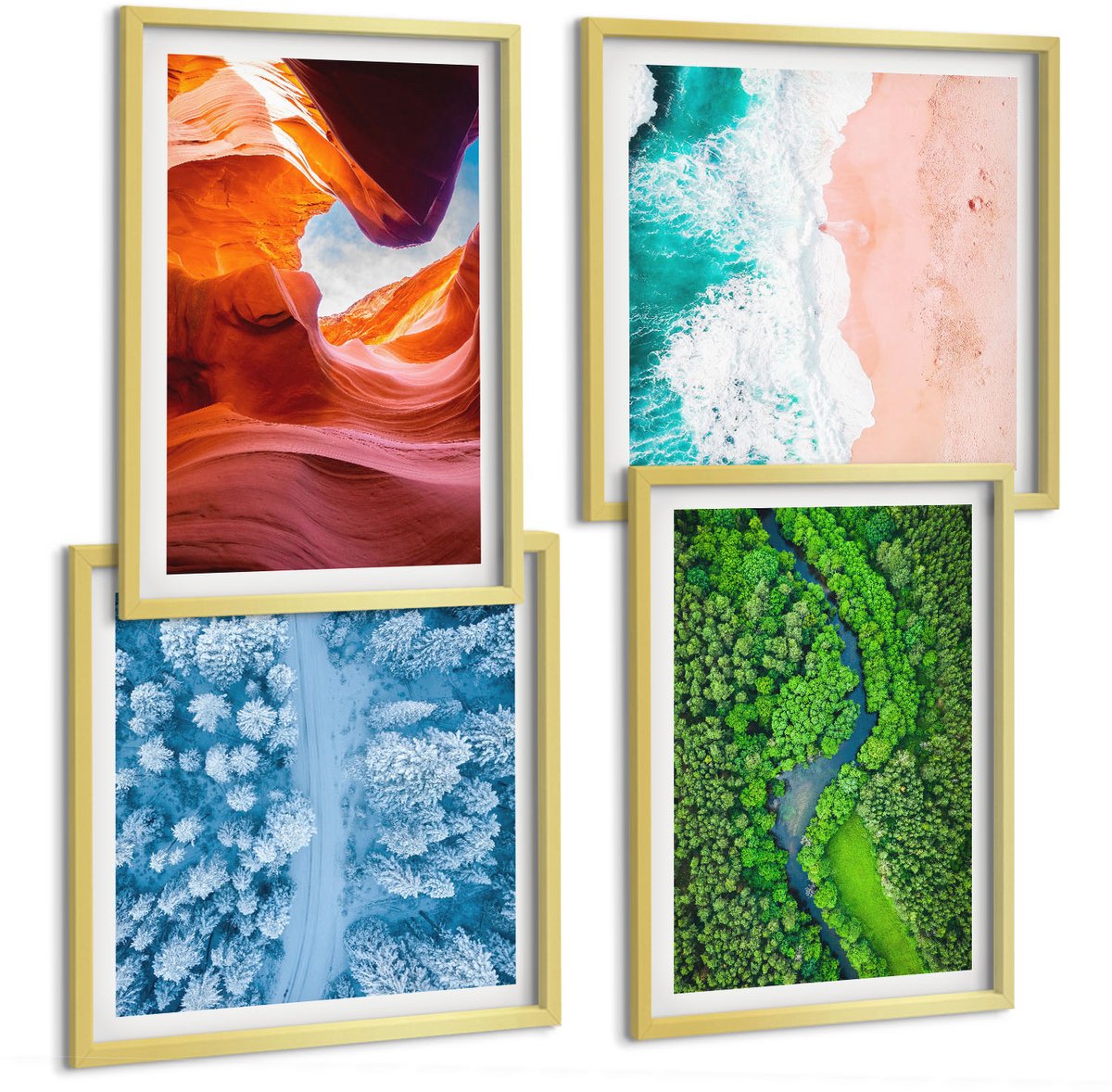 TULUP 4-Delige Schilderij Set - Water in beweging, kloof en bos, groene winternatuur - 40 x 40 cm en 40 x 60 cm - Wanddecoratie - Schilderijen Set - Interieur Gouden lijst
