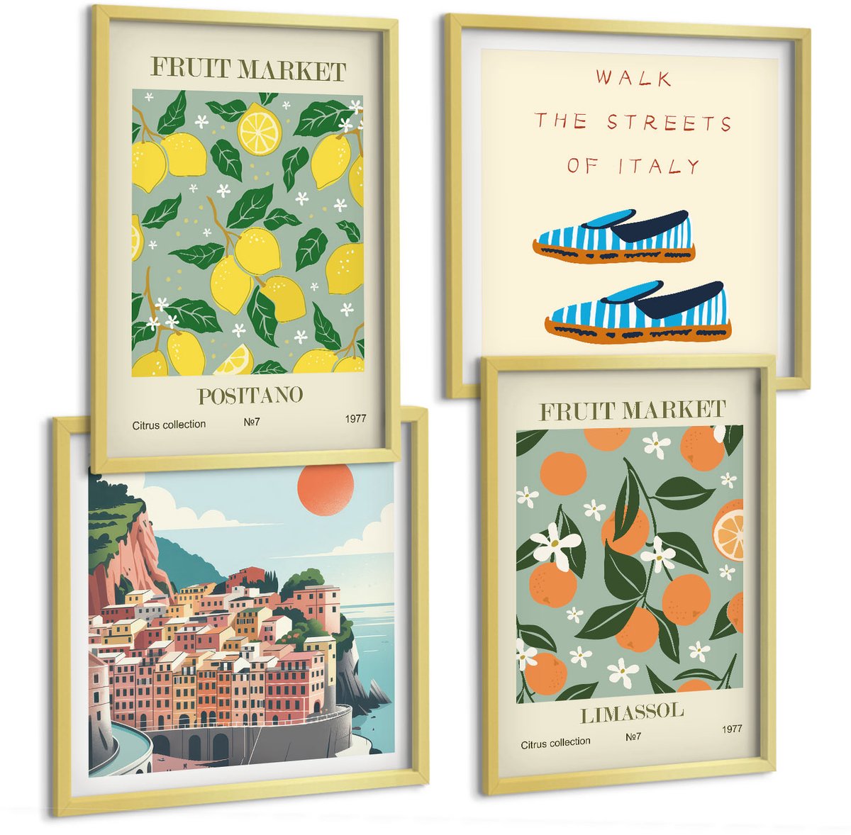 TULUP 4-Delige Schilderij Set - Fruitpatronen en elementen van de Italiaanse cultuur - 40 x 40 cm en 40 x 60 cm - Wanddecoratie - Woonkamer Decoratie - Stijlvolle Muurdecoratie Gouden lijst