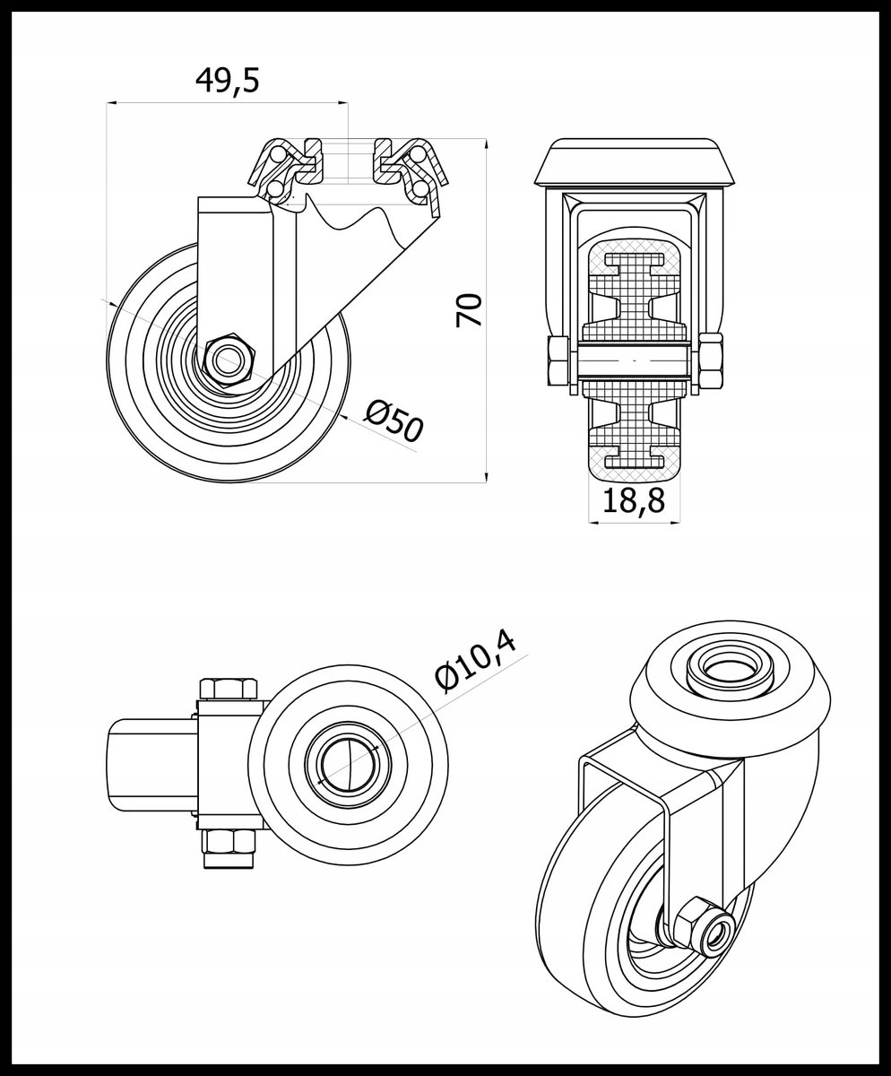 Möbelwiel met vaste behuizing, M57TPU, 50mm, 40kg