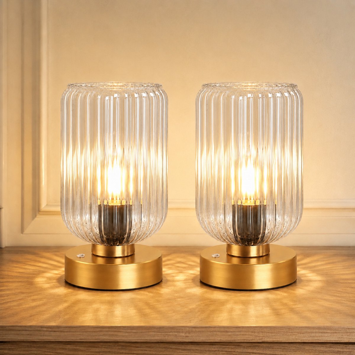 Rosnek Set van 2 Draadloze Tafellamp Mid-Century - Touch Dimbaar - Oplaadbare Bedlamp met Transparant Glas - Vintage Nachtlamp 7500mAh - Sfeerlamp - Slaapkamer Woonkamer