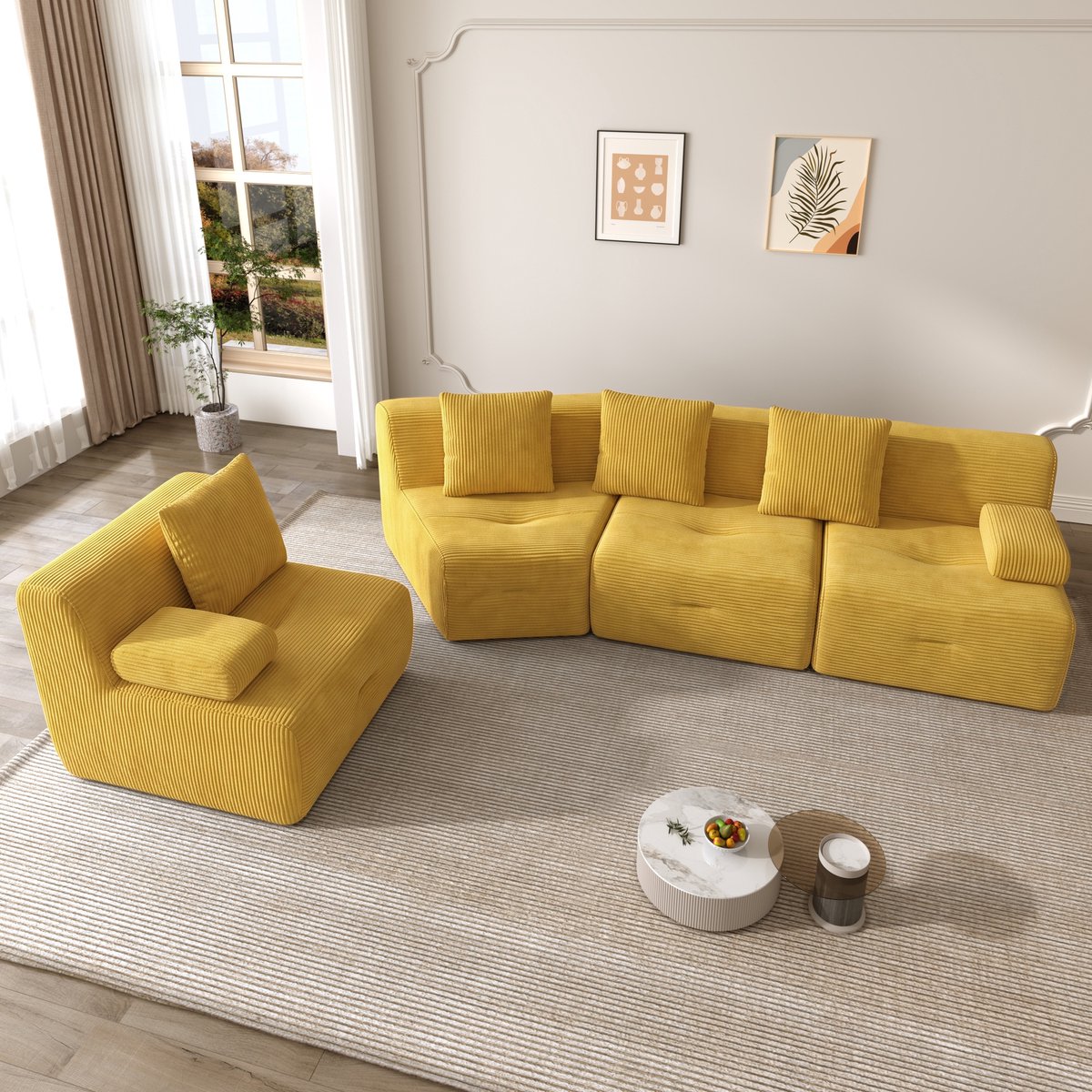 OKWISH Modulaire Bank 4-Zits 311 x 90 x 65 cm - Vrij Combineerbare Modules Zonder Montage Met Zachte Ribfluweel Bekleding - Voor Woonkamer En Lounge - Geel