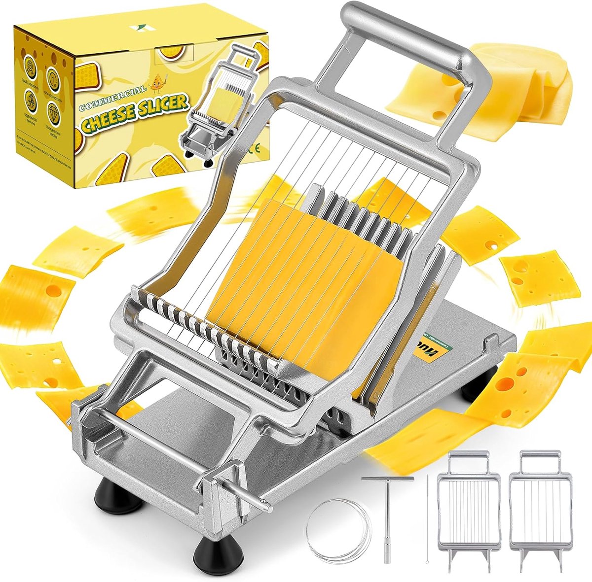 Huanyu Commercial Cheese Cutter with 1cm and 2cm Cutting Board, Stainless Steel Cheese Cutter with Wire, Multi-Purpose - ShopVlot