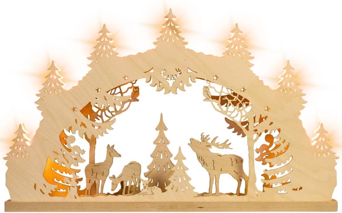 Houten kerstboog met hertengezin - Verlicht - Traditionele decoratie - Stijlvolle raamversiering - ShopVlot