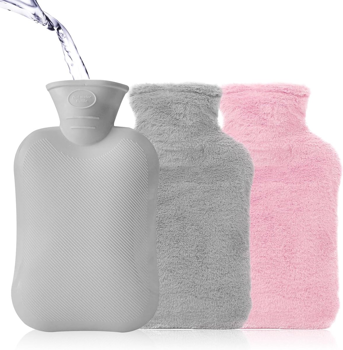 Warmwaterkruik klein - pluche afdekkingen grijs en roze - draagbaar en lekvrij - ideaal voor op reis - ShopVlot