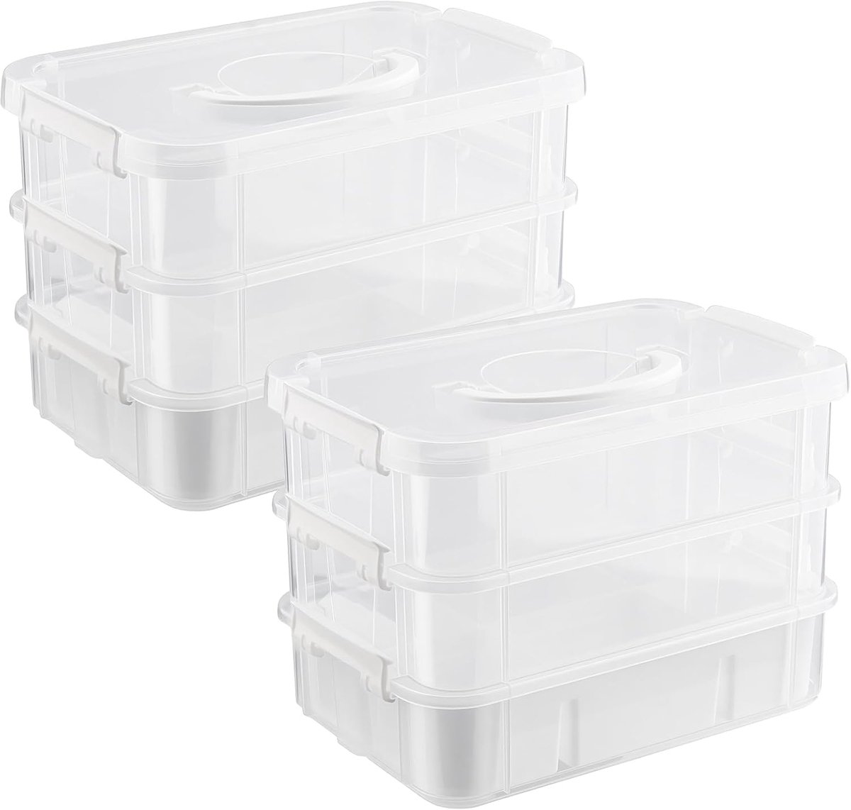 Opbergdoos 3 verdiepingen - transparant/wit - met deksel en handvat - organizer voor knutselmateriaal - ShopVlot
