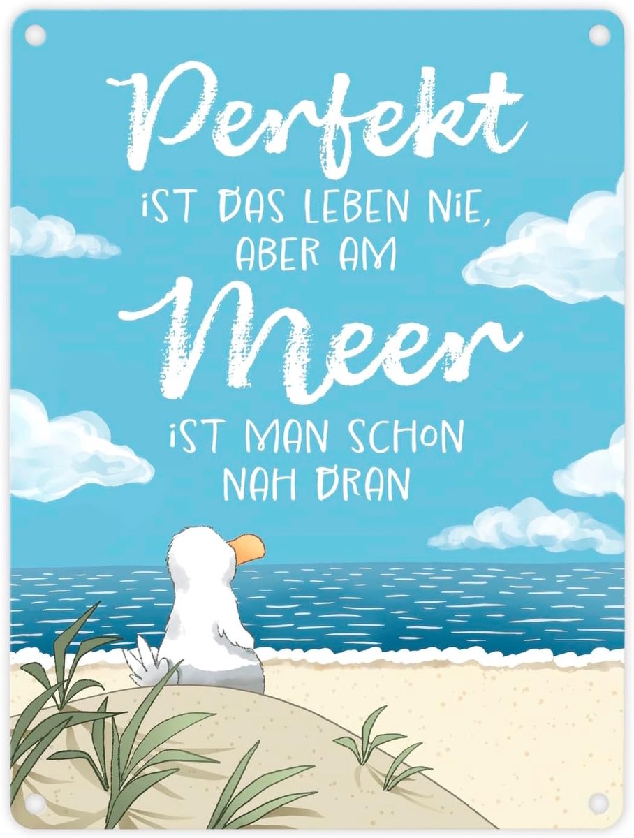 Metaalbord Möwe am Strand 15 x 20 cm - Zeemeeuw op het strand - Leven aan de zee - Perfect voor een kustdecoratie - ShopVlot