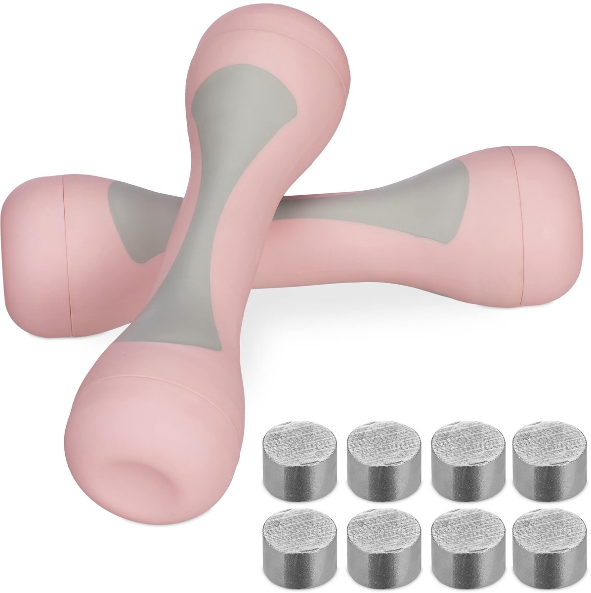 Famanu – Dumbbell set van 2, verstelbare gewichtjes van 1 kg, 1,5 kg of 2 kg, rubberen greep, halterset voor vrouwen in roze