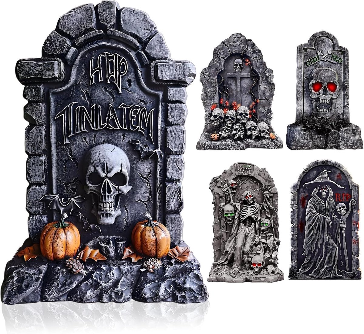 Halloween grafsteen set van 5 - kunststof - griezelige ontwerpen - ideale tuinversiering - ShopVlot