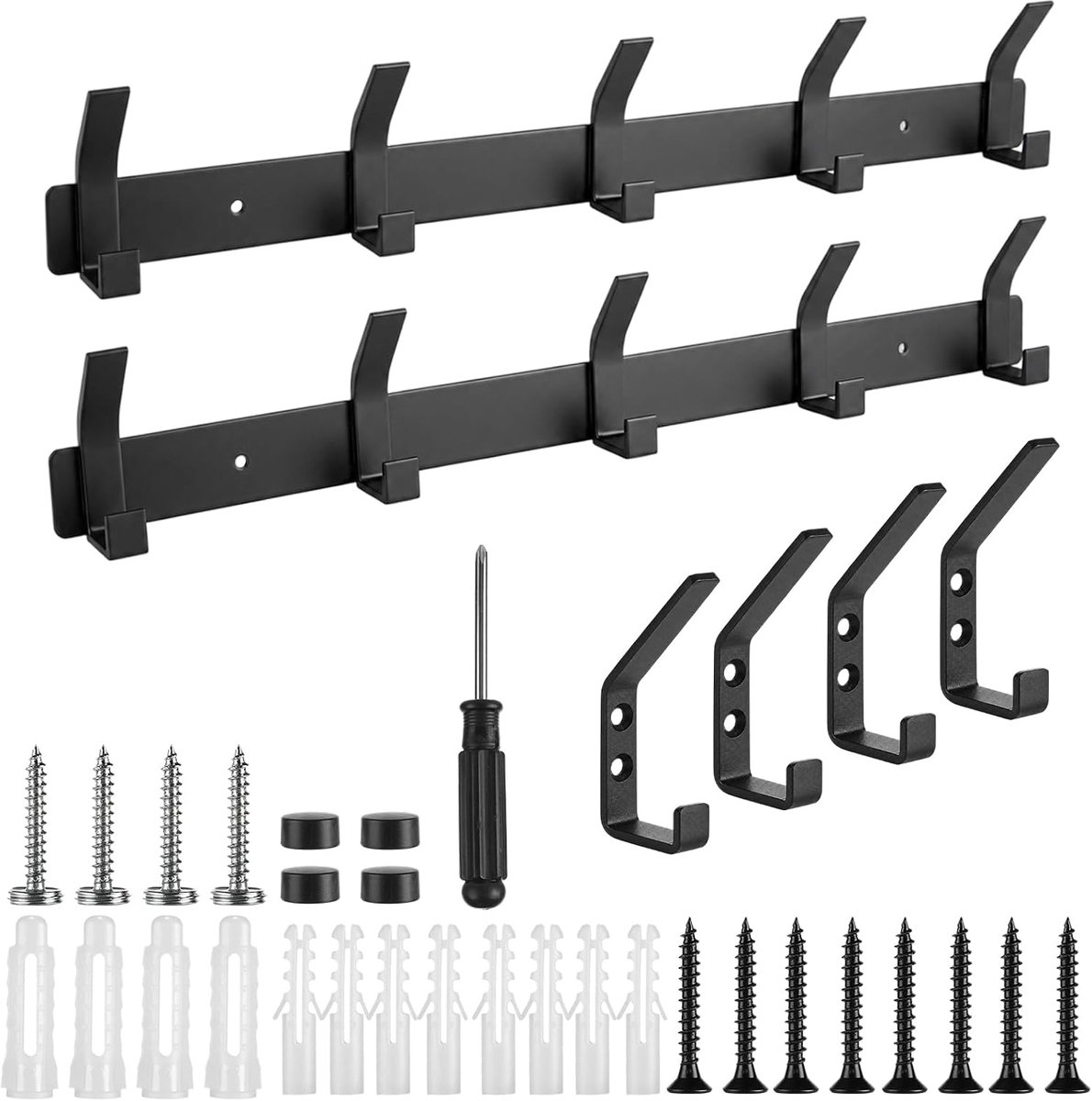 Kledinghaken muur 2 stuks - 5 haken met 4 kapstokhaken - zwart - ideaal voor akoestische platen - ShopVlot
