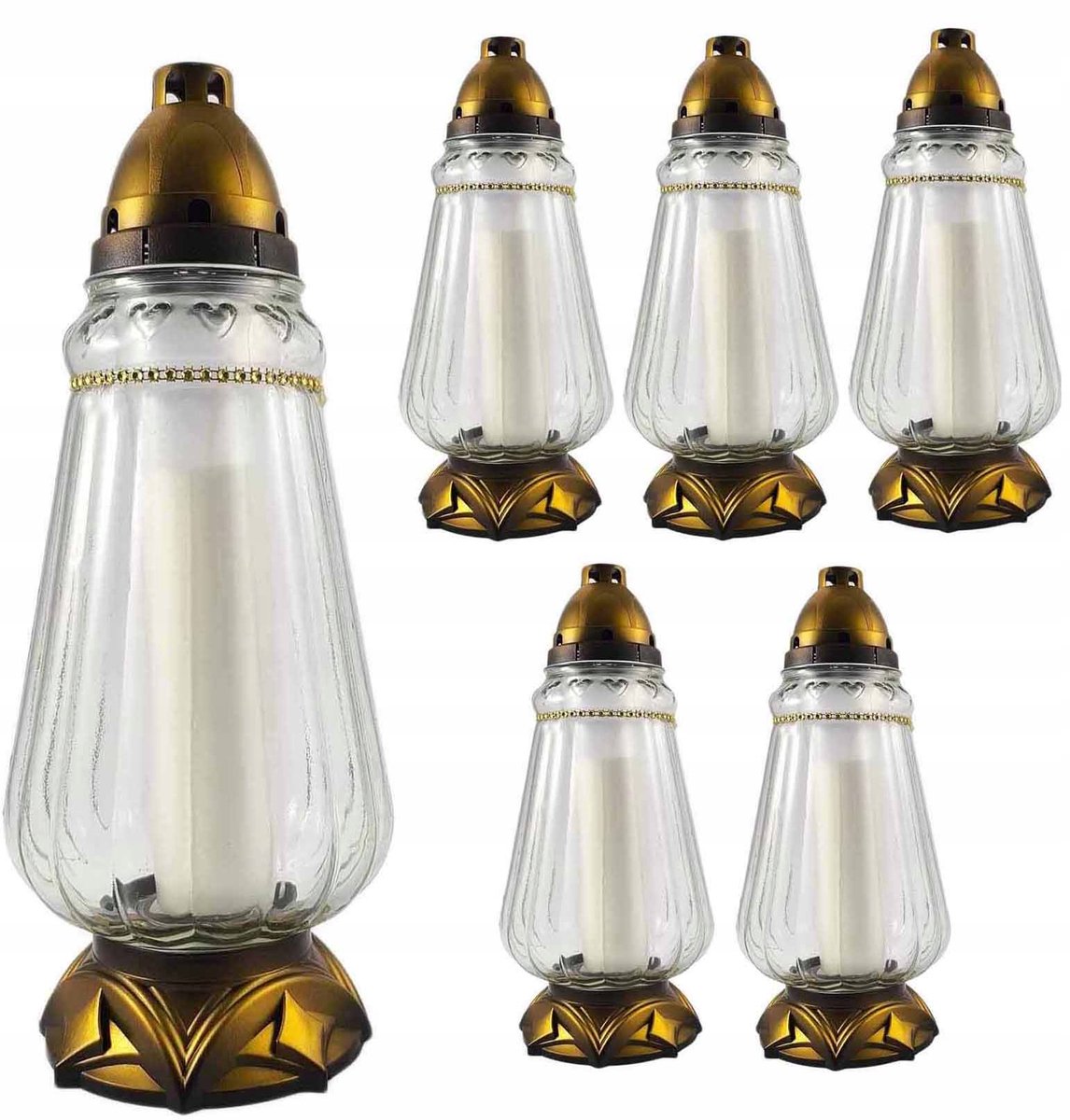 Set van 6 Glazen Graf Lantaarns, Goudkleurig, 35cm Hoog