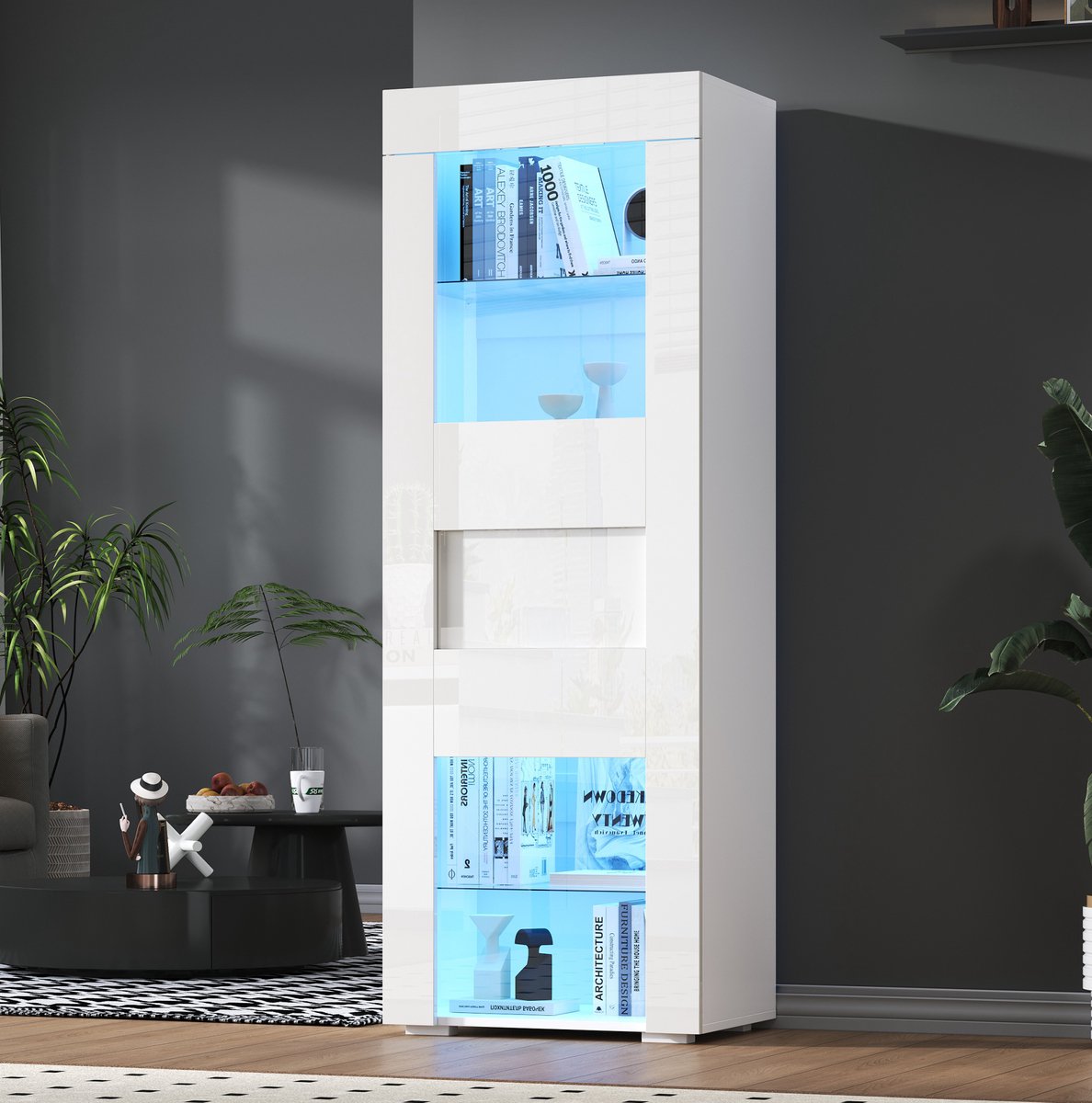 HAUSS SPOLE Vitrinekast - Hoogglans Voorzijde Met Ledverlichting En Acryl Deur - Voor Woonkamer En Interieur - Wit - 60 X 40 X 170 Cm
