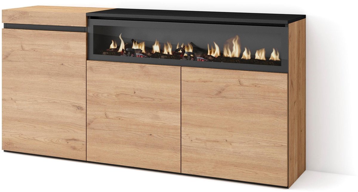 Skraut Home - Dressoir, Opbergkast - Buffetkast, Sideboard - 150x75x35cm - 3 Deuren - Elektrische haard - ShopVlot