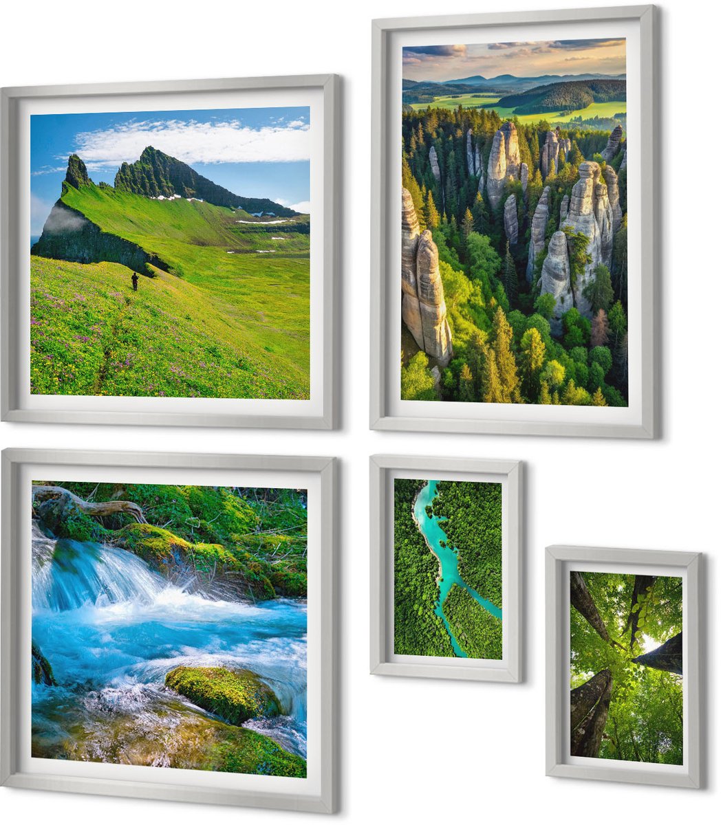 Coloray 5-Delige Schilderij Set - Watervallen In Een Groen Bos Met Kristalhelder Water. - 20 x 30 cm - Stijlvolle Muurdecoratie - Slaapkamer