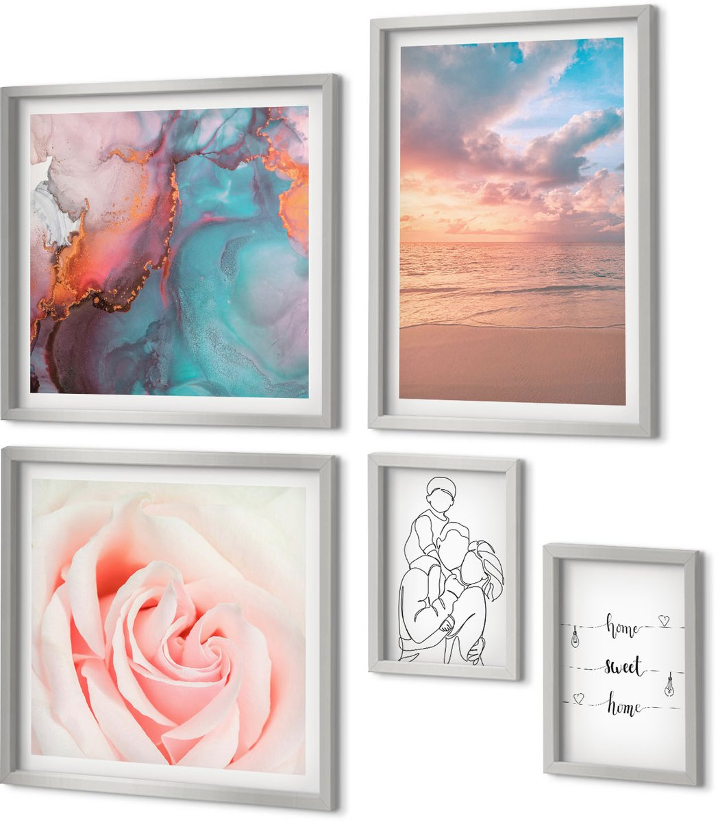 Coloray 5-Delige Schilderij Set - Bloemen En Familie In Minimalistisch Design. - 20 x 30 cm - Wanddecoratie - Muurdecoratie - Woonkamer