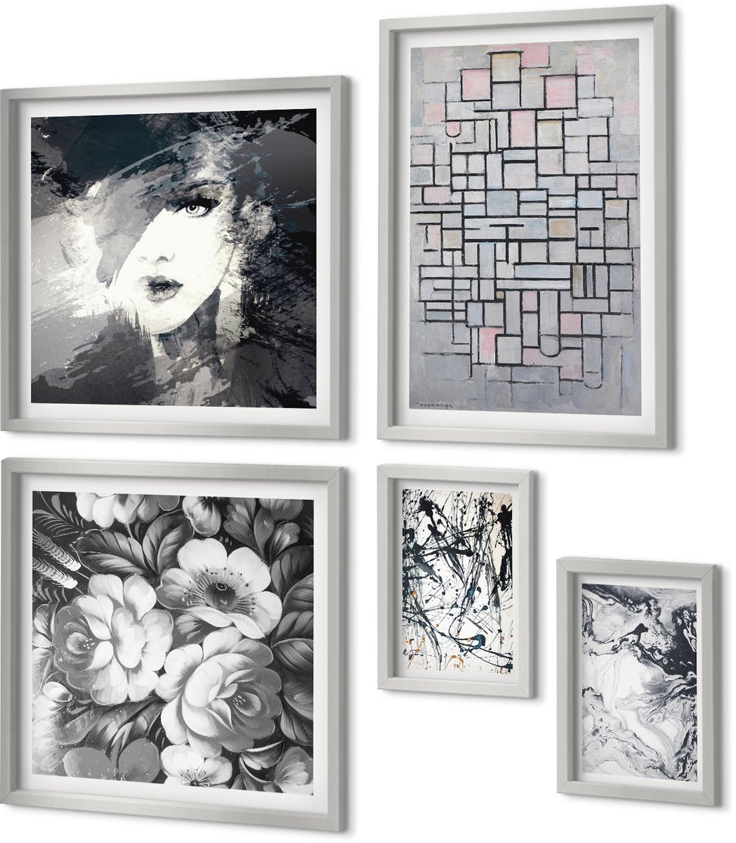 Coloray 5-Delige Schilderij Set - Abstracte Patronen In Zwart-Wit Tinten - 20 x 30 cm - Wanddecoratie - Muurdecoratie - Woonkamer - Decoratieve Schilderijen