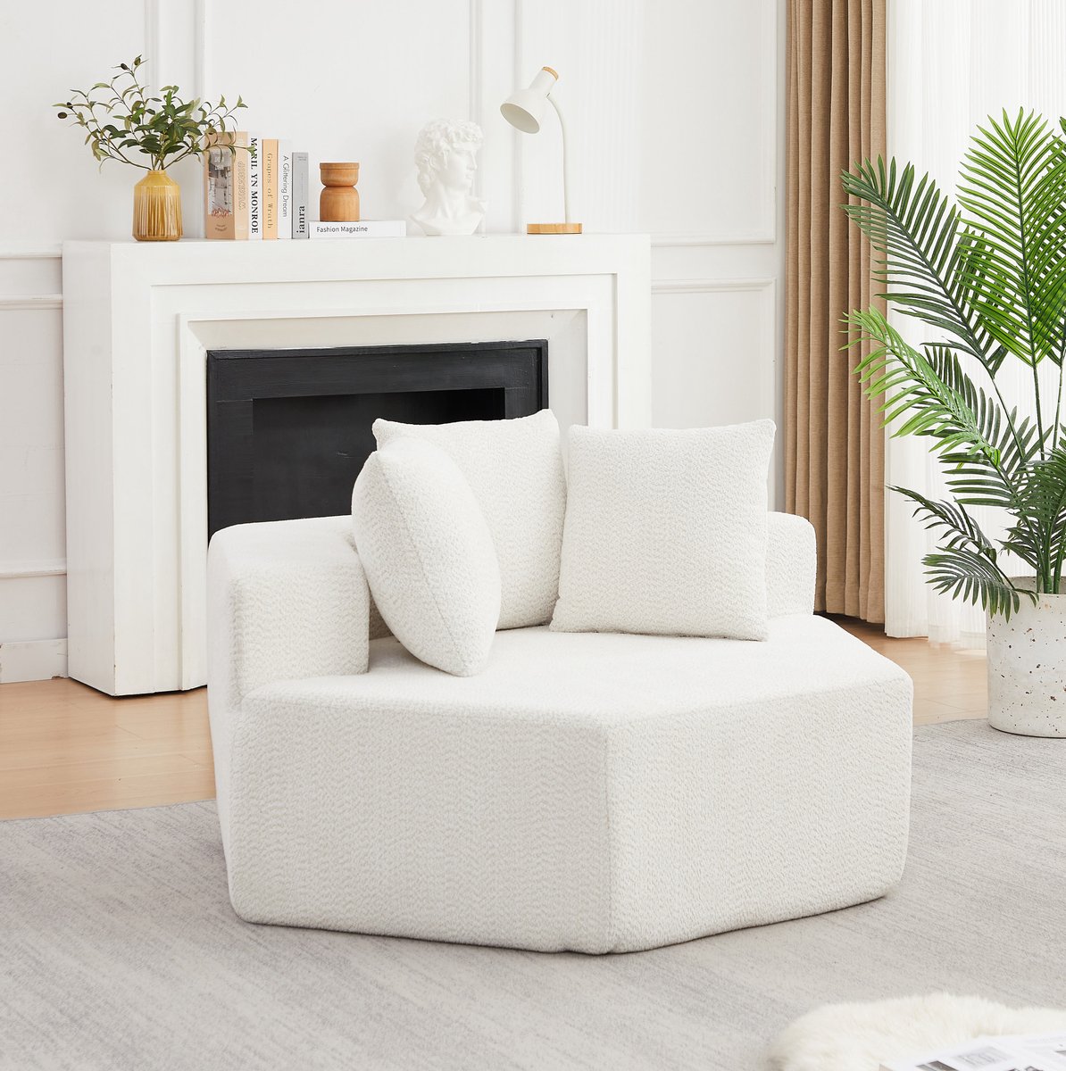 DESMIU Fauteuil - Zeshoekig Modulair 1-Zits - Comfortabel Met 3 Kussens En Antislip Onderkant - Voor Woonkamer En Lounge - Chenille - Beige