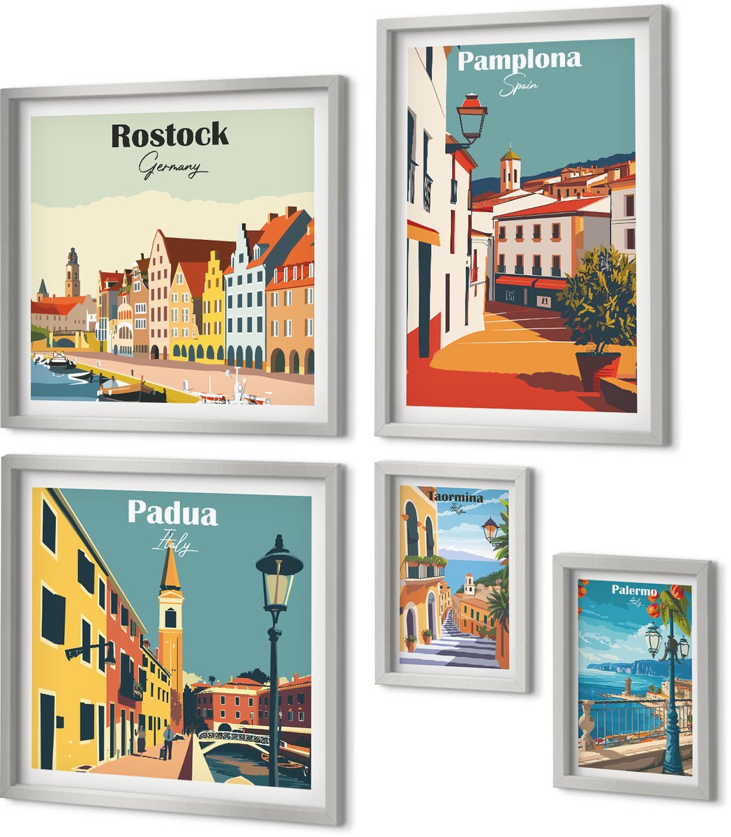 Coloray 5-Delige Schilderij Set - Minimalistische Bergen In Delicate Pasteltinten - 20 x 30 cm - Schilderijen Set - Wanddecoratie - Woonkamer - Decoratieve Schilderijen