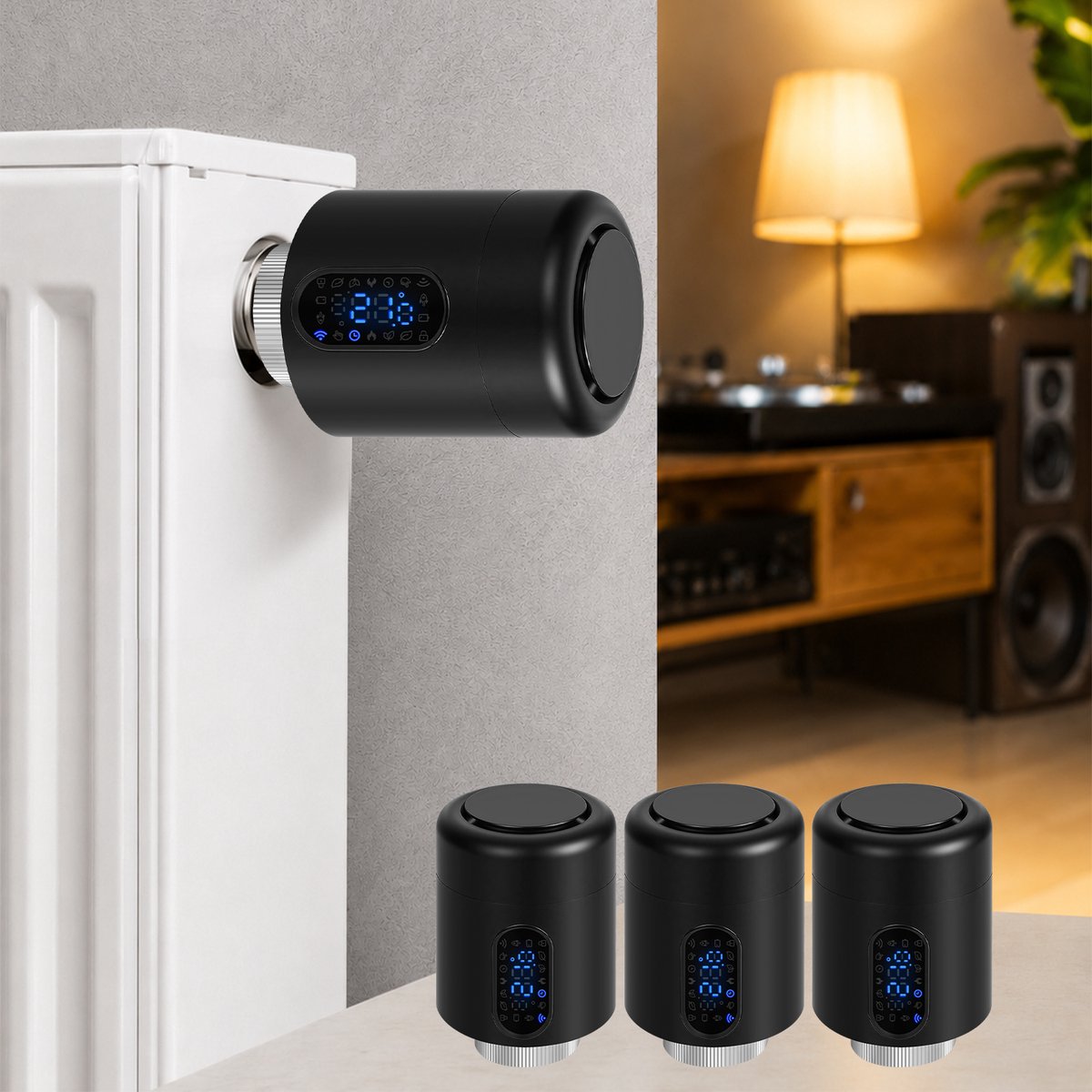 WiFi Radiatorthermostaat met App-bediening en 7 Ventieladapters – Zwart – 3-pack