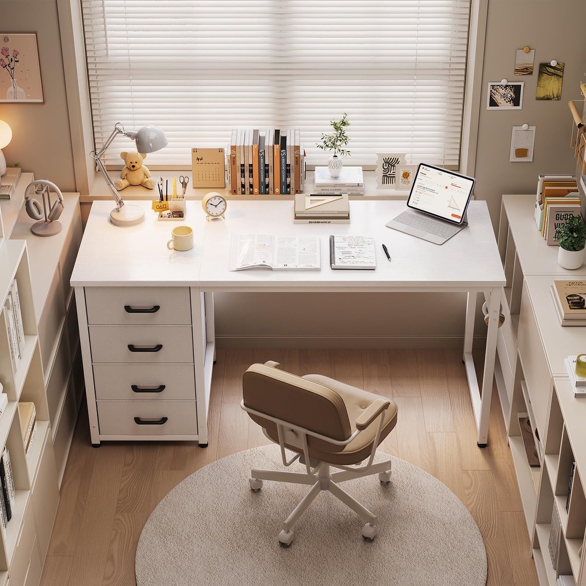 ODK Bureau met 4 laden, 120 x 48 cm computerbureau met hoofdtelefoonhouder, pc-tafel, omkeerbare kantoortafel, wit - ShopVlot