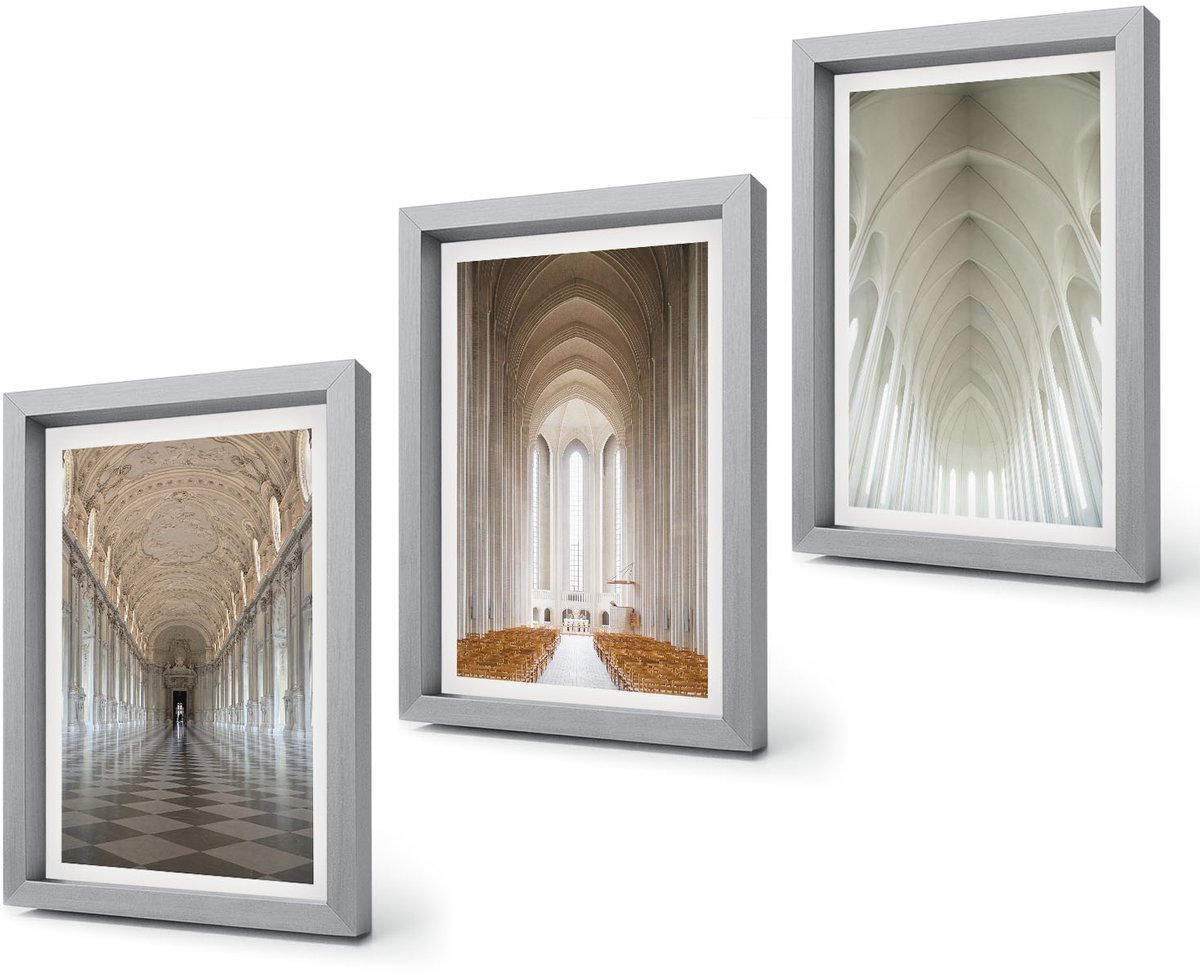 Coloray 4-Delige Schilderij Set - Interieurs van historische gebouwen en kathedralen - 20 x 30 cm - Wanddecoratie - Muurdecoratie - Woonkamer Zilveren lijst