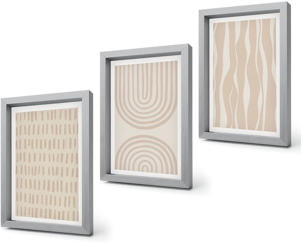 Coloray 4-Delige Schilderij Set - Abstracte patronen in beige en witte tinten. - 20 x 30 cm - Decoratieve Schilderijen - Woonkamer - Interieur Zilveren lijst