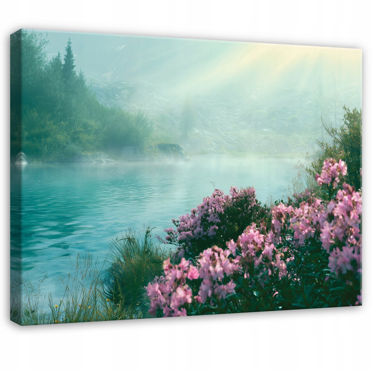 WALLARENA Schilderij op canvas - 40x30 cm - boslandschap met rivier en bloemen - wanddecoratie voor woonkamer en slaapkamer Blauw