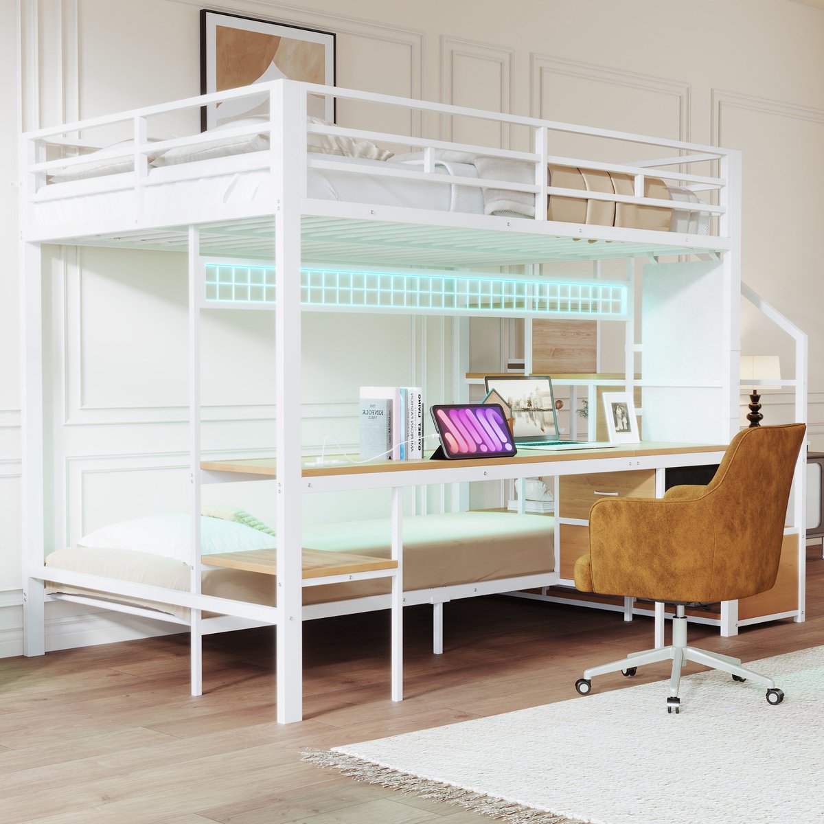 Stapelbed - 140/90 x 200 cm - 2 slaapplaatsen - met bureau - met opbergruimte - met LED-verlichting - met stopcontact - Wit
