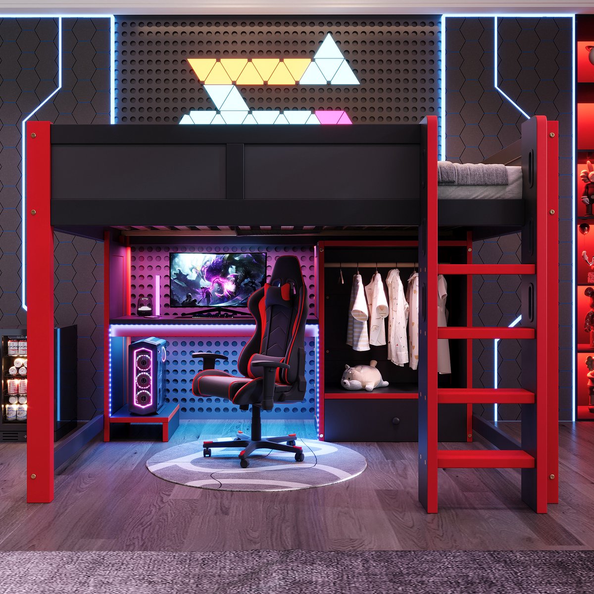 Hoogslaper - 140 x 200 cm - 2-persoons - met bureau - met kledingkast - met opbergruimte - met LED-verlichting - Zwart en Rood