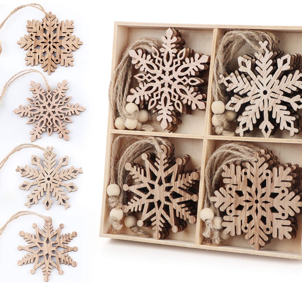 20 stuks sneeuwvlokken van hout - 4 designs (5 stuks) kerstboomversiering hanger van natuurlijk jute koord als - ShopVlot