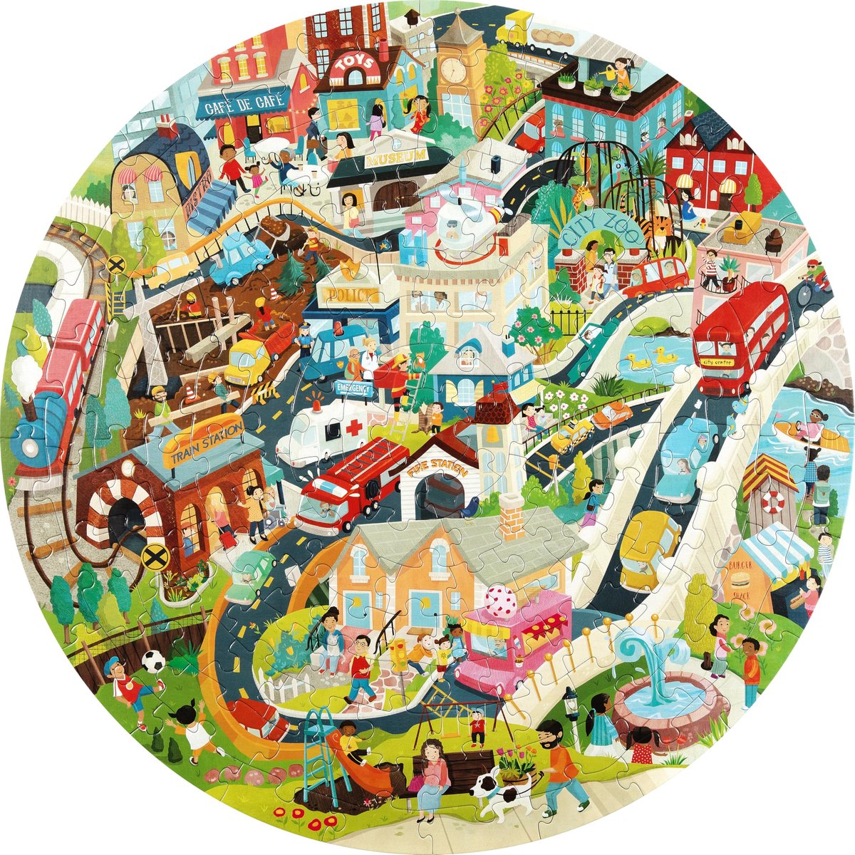 Ronde legpuzzel 'Stadsleven' van boppi van 100% gerecycled karton, met dieren, voertuigen, gebouwen en mensen 150 - ShopVlot