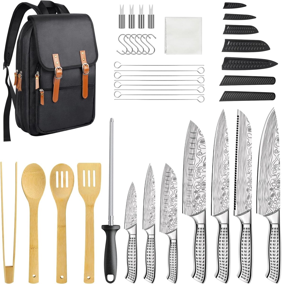 Zesdelige messenset - Zwart - Multifunctionele 39-delige Mes- en BBQ-gereedschapset met Rugzak - Voor Keuken en Buiten