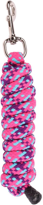 Roze en blauw gevlochten halstertouw met metalen karabijnhaak.