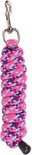 Roze en blauw gevlochten halstertouw met metalen karabijnhaak.